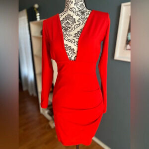 Sexy Red plunge ruched mini dress night out size large open back long sleeve